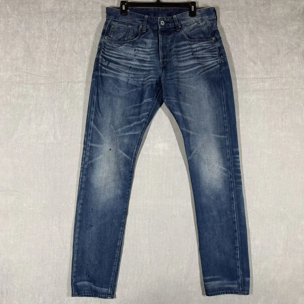 G-Star 3301 TAPERED RL Selvedge Medium Wash Dark Splatter Jeans Size W34 L36